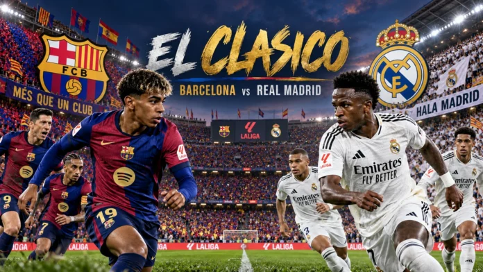 Ilustrasi El Clasico Barcelona melawan Real Madrid dengan lambang kedua klub dan para pemain